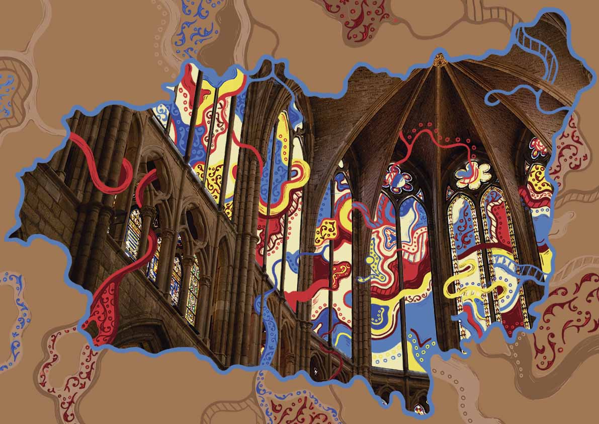 Dibujo con la silueta del mapa de León. En su interior se ve una foto de la catedral, intervenida con un dibujo digital de estilo abstracto.