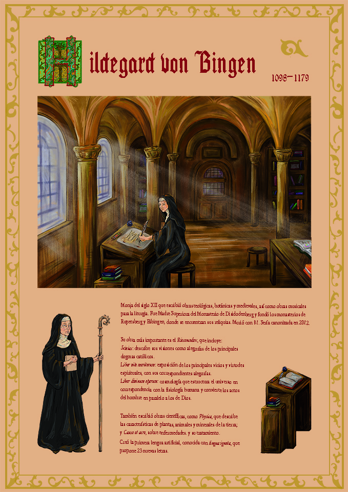 Página didáctica sobre Hildegarda de Bingen, monja del siglo XII que escribió numerosas obras teológicas y científicas. En el dibujo se ve a Hildegarda iluminando un manuscrito en su scriptorium